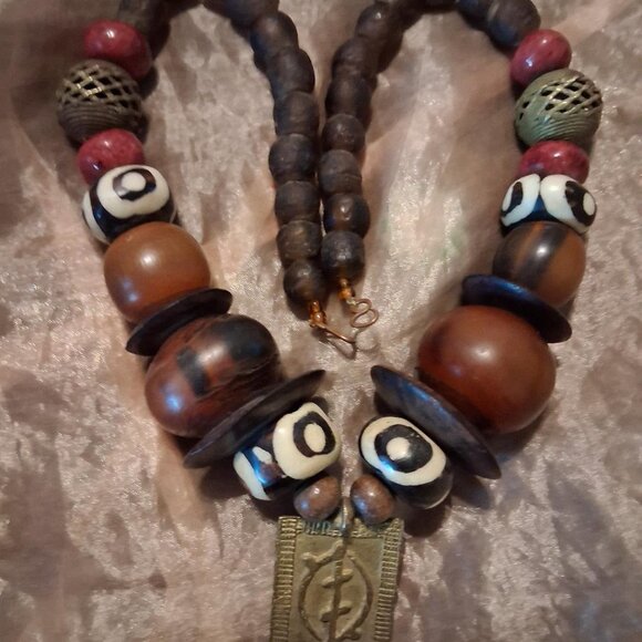 Vintage African Wooden Beaded and Metal Necklace w/ Symbolic Pendant - Picture 1 of 6